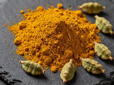 A pile of vibrant yellow ground turmeric powder surrounded by green cardamom pods on a dark slate surface.