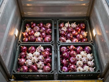Overhead shot of export-grade red onions and garlic bulbs packed in industrial ventilated crates inside a reefer cold-chain hold, sodium vapor lighting reflecting off metallic container walls
