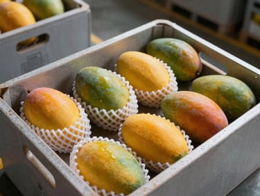 Clinical strobe close-up of Alphonso mangoes in gas-barrier protective pulp casing inside a sealed export crate, certification stamp visible on interior crate wall, industrial warehouse lighting
