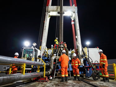 Close-up wide shot of a rotary drill rig platform at night, floodlights illuminating pipe racks and crew members in full PPE—hard hats, flame-resistant coveralls, safety glasses—working at the drill floor, steel cable and derrick structure rising into dark sky
