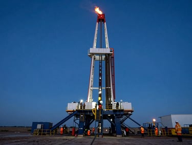 Wide-angle shot of an oil drill rig standing against a deep blue twilight sky, flare stack burning orange at the top, workers in full PPE and hard hats visible at the rig base, flat arid terrain extending to the horizon