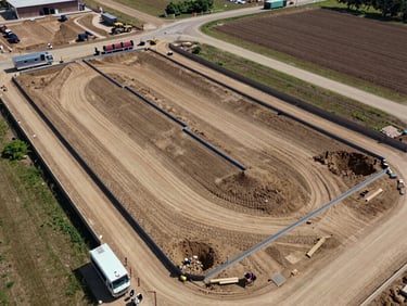 Aerial view of a land development site with surveyed lots and foundation work underway, construction equipment parked at plot boundaries, a command trailer visible at the site edge, clear midday light casting hard shadows across the graded earth