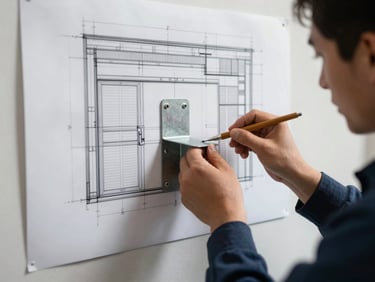A technical architectural drawing of a signage mounting system overlaid with a real photo of a technician securing a steel bracket, high contrast