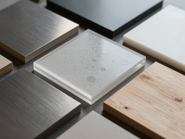 Various printed rigid substrates stacked in an architectural grid, showing brushed metal, textured acrylic, and raw wood with high-fidelity print details.