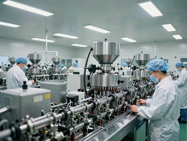 Wide environmental photograph of a GMP tablet compression suite in operation, rows of capsule-filling machines running, workers in cleanroom suits at inspection stations, clinical fluorescent overhead lighting, no posed subjects