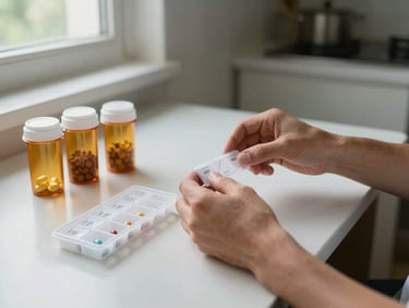 Documentary photograph of a patient's hands at a kitchen table organizing weekly pill organizer trays, amber prescription bottles nearby, natural daylight from a window to the left, no eye contact, real domestic setting