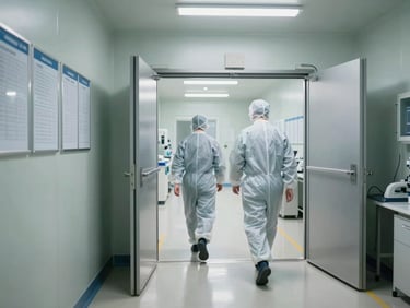 Wide panoramic view of a pharmaceutical cleanroom corridor during shift change, two technicians in full cleanroom gowns walking away from camera through an airlock door, overhead fluorescent lights reflecting off white floor tiles, batch documentation boards visible on left wall — documentary, unposed, clinical
