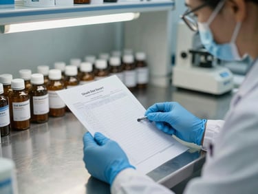 Close documentary shot of a pharmaceutical quality-control technician in blue gloves reviewing a printed batch record on a stainless steel workbench, clinical overhead lighting, rows of labeled amber bottles visible in background, no eye contact with camera