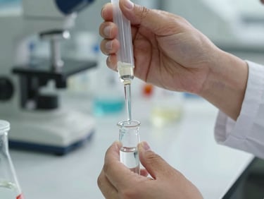 Macro documentary photograph of a formulation chemist pipetting a clear solution into a small glass vial on a laboratory bench, clinical north-facing daylight, precise hands, blurred equipment in background