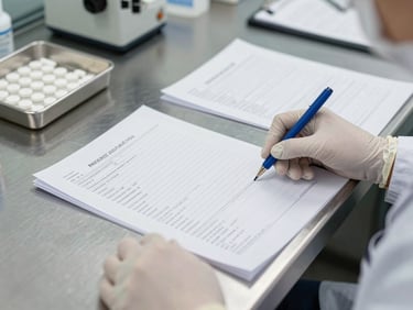 Close-up documentary shot of a pharmaceutical technician in cleanroom gloves reviewing printed batch documentation on a stainless steel workbench, tablets visible in a tray beside the paperwork, clinical north-facing daylight, no color grading, sharp focus on the documentation sheets