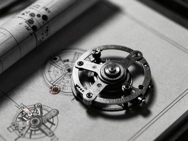 Close-up of a vintage mechanical blueprint with copper-toned rust spots, high-contrast shadows, cinematic documentary grain.