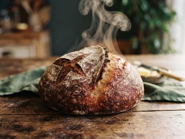A close-up of steam rising from fresh sourdough bread on a rustic wooden table, soft natural north-facing daylight, rich crimson tones, 35mm film