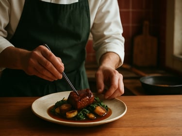 Warm editorial food photography, soft daylight, chef plating a rustic dish in a cozy Scandinavian restaurant kitchen, 35mm film