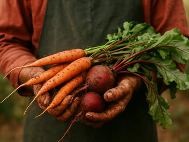 Warm editorial food photography, morning daylight, farmer holding freshly harvested root vegetables with soil on hands, 35mm film