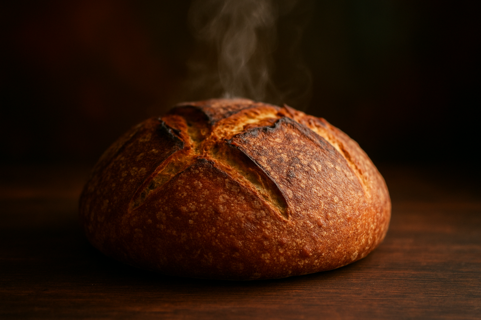 Steam rising from a freshly baked sourdough loaf on a dark wooden table, soft natural side lighting, warm tones