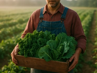 A local farmer holding a crate of freshly harvested organic greens in a sunlit field, soft morning light