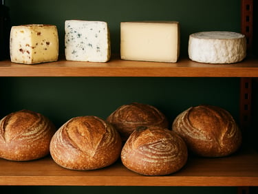Warm editorial food photography, soft light, a modern specialty grocer shelf with artisanal cheeses and fresh sourdough loaves, 35mm film