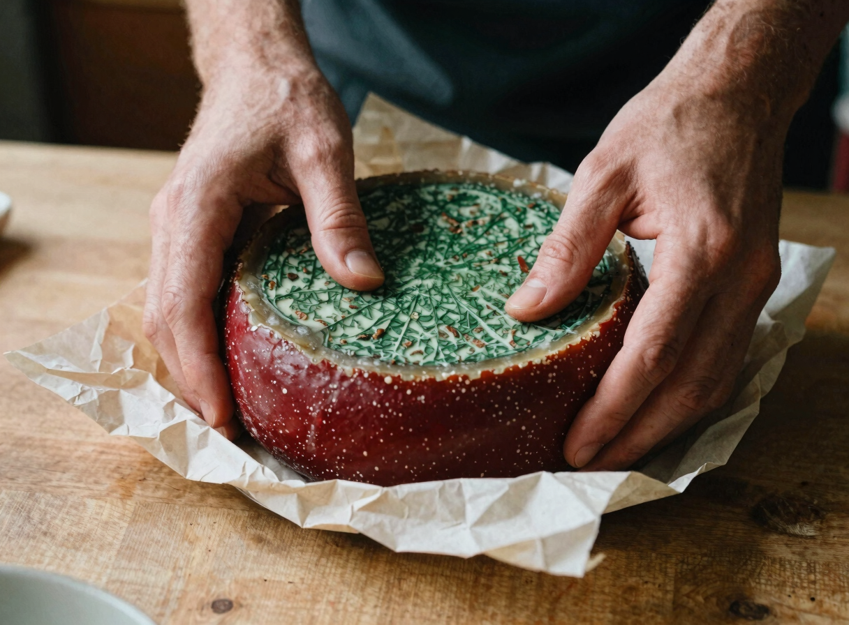 Hands wrapping a wheel of artisanal cheese in parchment paper, rustic kitchen background, rich shadows
