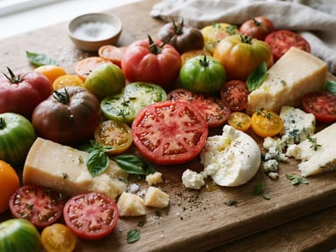 Close-up of fresh heirloom tomatoes and artisanal cheeses on a rustic wooden counter, soft north-facing daylight, rich crimson tones, 35mm film
