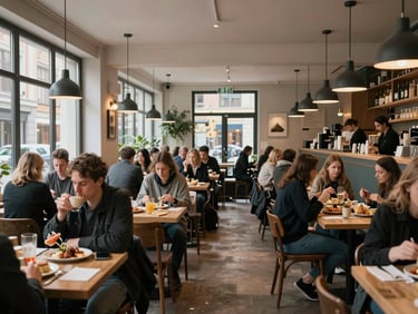 Wide angle shot of a busy modern Scandinavian bistro with patrons enjoying meals, warm natural light.