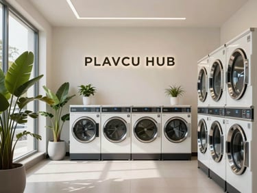 Clean interior of a premium laundromat hub with minimalist signage and plants, soft daylight.