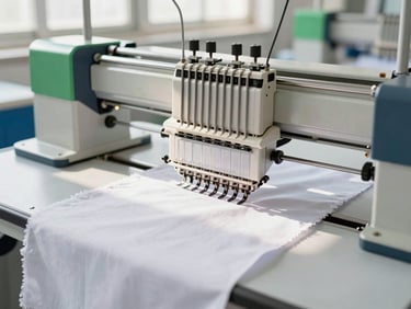 Close-up of high-tech automated embroidery machine stitching fabric on a clean factory floor, bright natural daylight, sharp focus