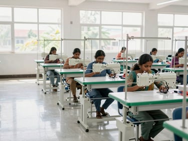 Bright factory floor in Kurunegala, Sri Lankan garment artisans working at organized, clean, modern sewing stations with natural daylight streaming through large windows.