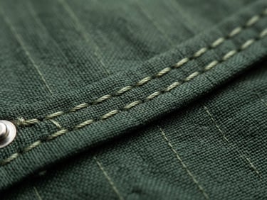 Macro close-up of high-precision stitching on dark forest green technical fabric, bright natural daylight, sharp focus, 35mm lens