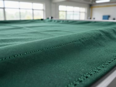 Macro close-up of precise flatlock stitching on a forest green athletic fabric, bright natural light streaming from a factory window, sharp focus on textile weave.
