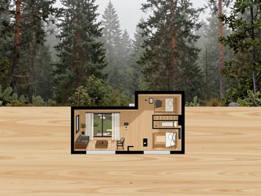A clean, minimalist architectural floor plan drawing of a two-story cabin, showing a spacious living room on the ground floor and two bedrooms upstairs, presented on a warm larch wood background.