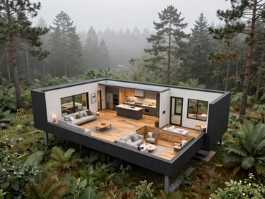 Architectural 3D floor plan render of a modern cabin, showing a spacious living room, kitchen, two bedrooms, and natural wood flooring, clean minimalist lines