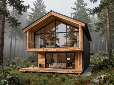 Architectural 3D floor plan render of a modern cabin with a high ceiling, a wooden mezzanine overlooking the living room, large panoramic windows