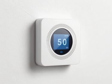 A sleek white smart thermostat mounted on a clean light wall, soft studio light