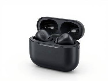 Minimalist black wireless earbuds in their charging case, bright high-key lighting