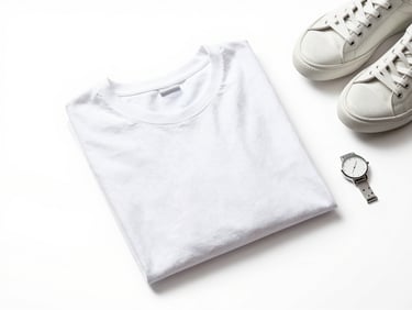 Flat-lay arrangement of folded cotton t-shirt, leather sneakers, and minimalist watch on a bright white background, high-key lighting