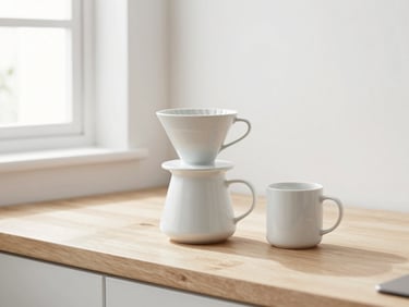 Minimalist ceramic coffee dripper and modern mug on a light wood kitchen counter, bright morning window light