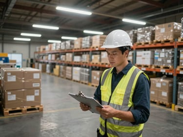 Elevated wide-angle view inside an active distribution facility, warehouse manager holding a clipboard reviewing inventory racks under steady fluorescent overhead light, pallets of freight staged in organized rows visible in background, practical industrial lighting, no posed figures