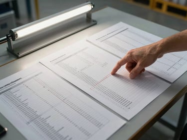 Waist-level view of a logistics planning session at a facility floor table, printed process flow documents and freight cost spreadsheets spread flat, a hand pointing to a specific line item, overhead fluorescent light, industrial concrete floor visible at edge of frame