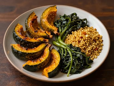 Overhead plating of a seasonal harvest dish—roasted squash, braised greens, and spiced grains arranged on a wide ceramic plate under warm tungsten light, autumn tones dominant