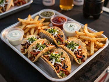 Overhead shot of a concession-style tray loaded with loaded street tacos, crispy fries, and dipping sauces under warm golden-hour light at an outdoor festival setup