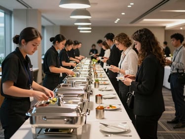 Wide shot of a corporate event catering setup — long buffet station in a modern conference space, black-uniformed staff behind polished chafing dishes, professional tungsten lighting, guests queuing in business attire