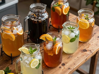 Overhead view of a beverage station—glass pitchers of iced tea and lemonade, garnished with citrus slices and mint, on a rustic wooden table under natural side light