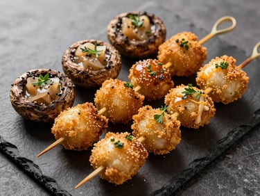 Overhead close-up of a slate board loaded with golden fried appetizers, stuffed mushrooms, and skewered bites under warm tungsten light, garnished with fresh herbs