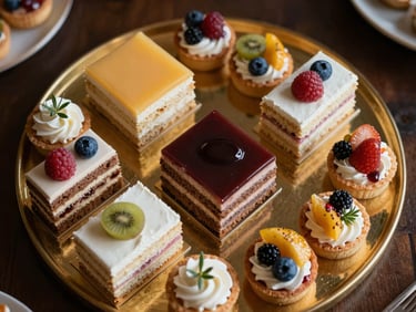 Overhead flat-lay of an elegant dessert spread—layered cakes, petit fours, and fresh-fruit tarts on a gold-rimmed serving board under warm ambient light