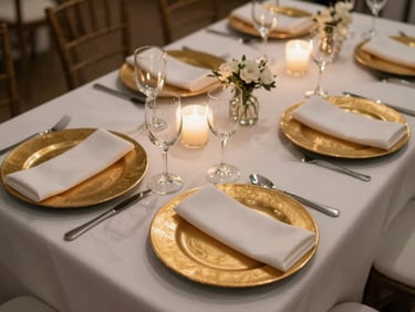 Overhead view of an elegant wedding reception table spread — white linens, gold charger plates, layered plated courses, warm candlelight and tungsten fill, shallow depth of field on stacked napkins and glassware