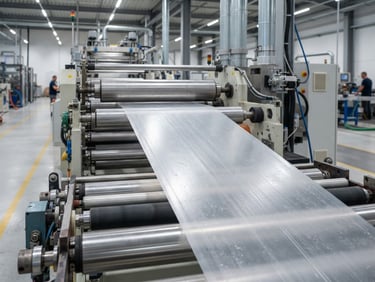 Industrial commercial photography of a high-speed PP sheet extrusion line, bright clean warehouse lighting, sharp focus on the detailed texture of the polymer sheet, 50mm lens.