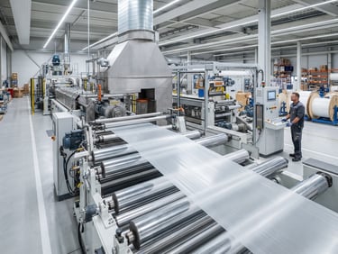 Industrial commercial photography, wide shot of a high-speed extrusion line producing flat polypropylene sheets, bright clean warehouse lighting, detailed polymer textures, 50mm lens.
