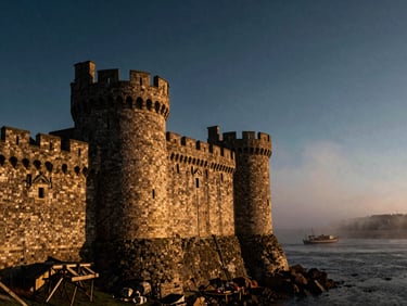 Weathered stone castle overlooking a misty European harbor at dramatic golden hour, rich textures