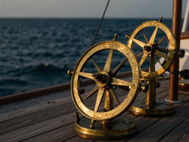 Close-up of antique brass navigational instruments on a wooden deck, moody golden hour light