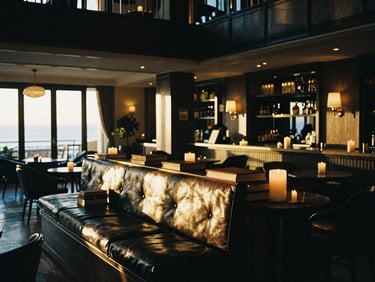 Dimly lit grand hotel lobby with leather-bound books and warm candlelit interiors, 35mm film grain